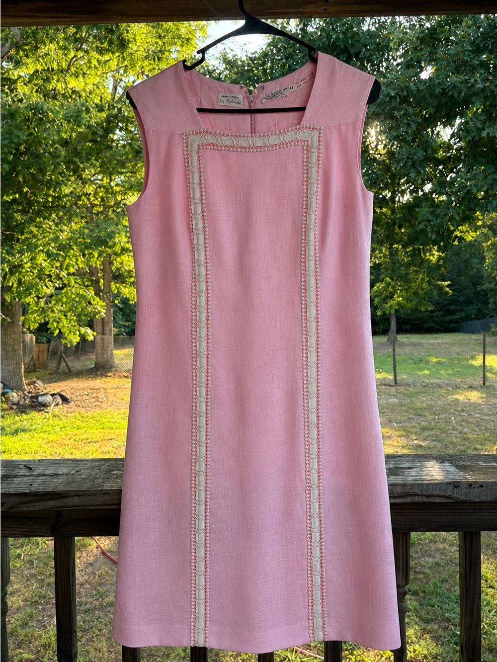 Vintage 1960s Roland Made in Italy Pink Sheath Dress-Square Neck Ivory Pearl Tri